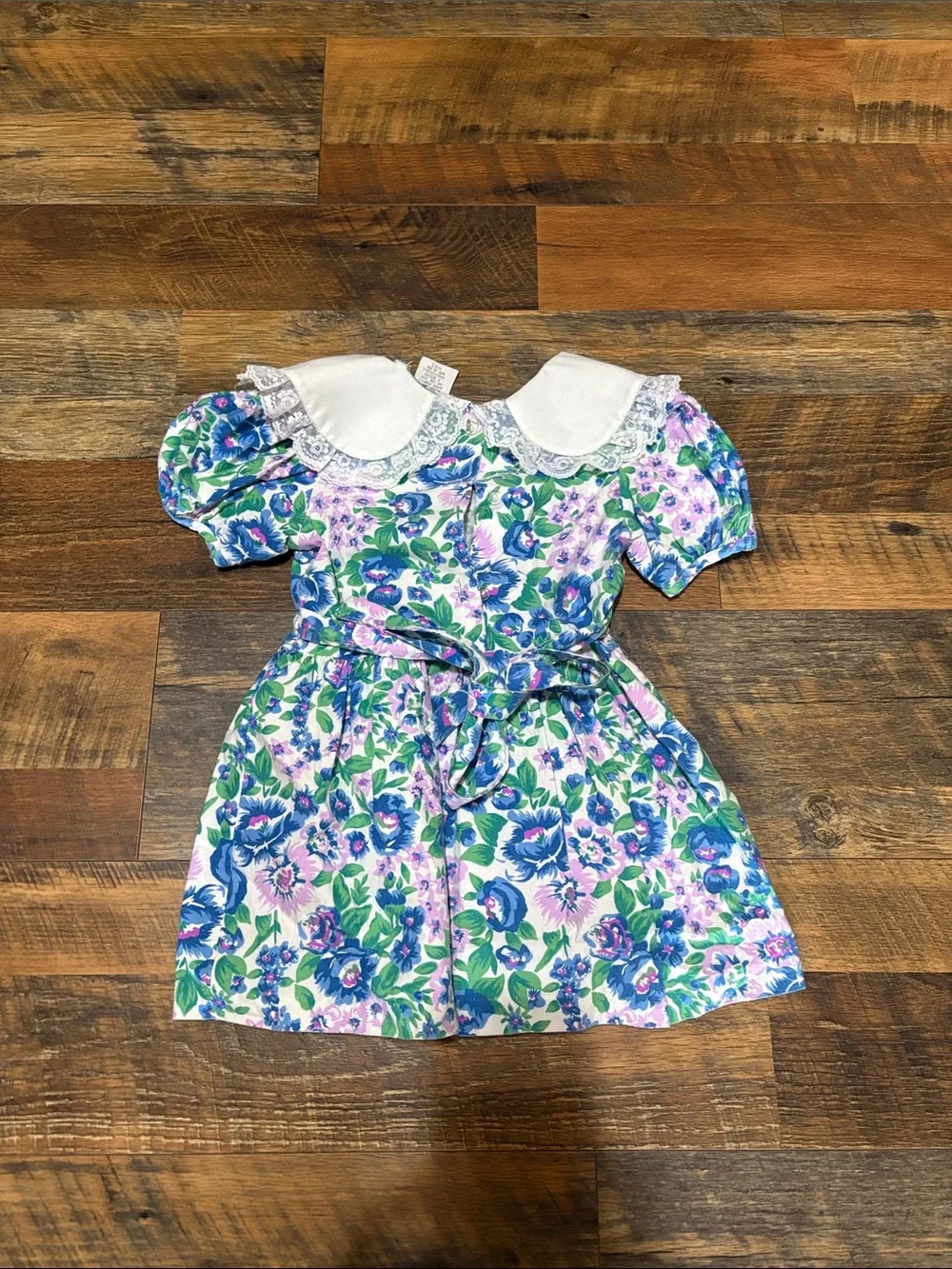 Vtg 90s JM Rags Girls 5 Floral Dress Lace V Bib Collar Bow Puff Sleeve cottage